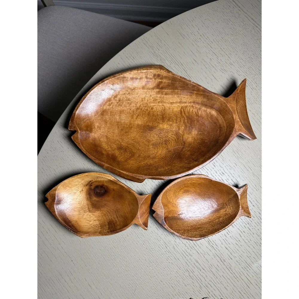 Vintage Hand Carved Acacia Wood Fish Serving Set Platter and Bowls 3 Piece Brown